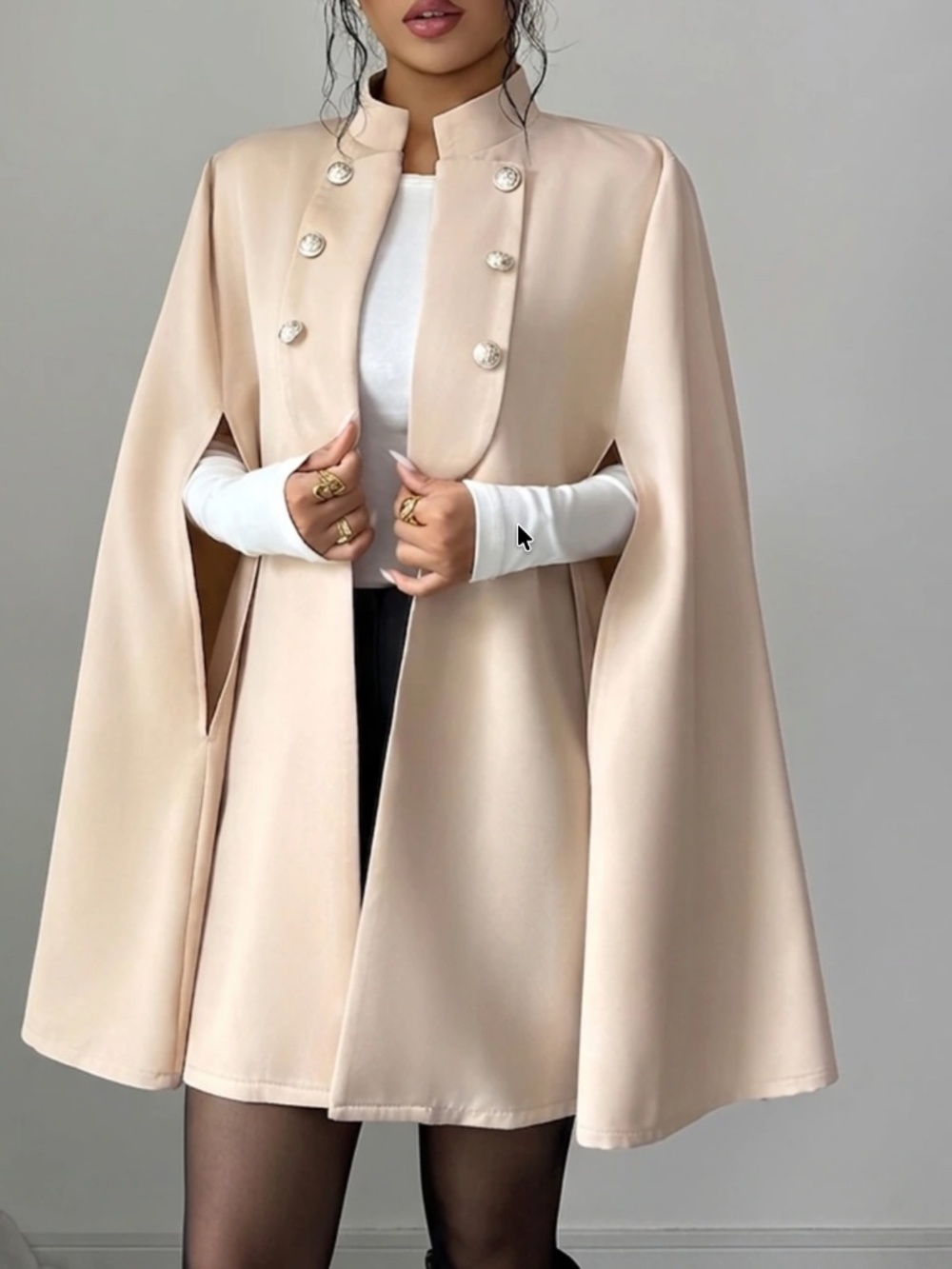 Classic Solid Open Front Button Detail Cape Style Blazer Coar Jacket - Picture 4 of 7